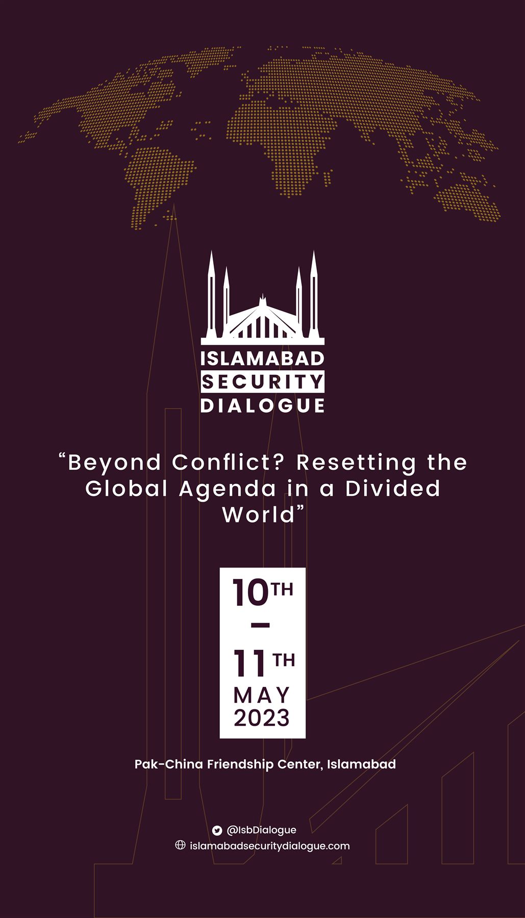 Islamabad Security Dialogue 2023 key visual — event branding with world map motif and Minar-e-Pakistan silhouette